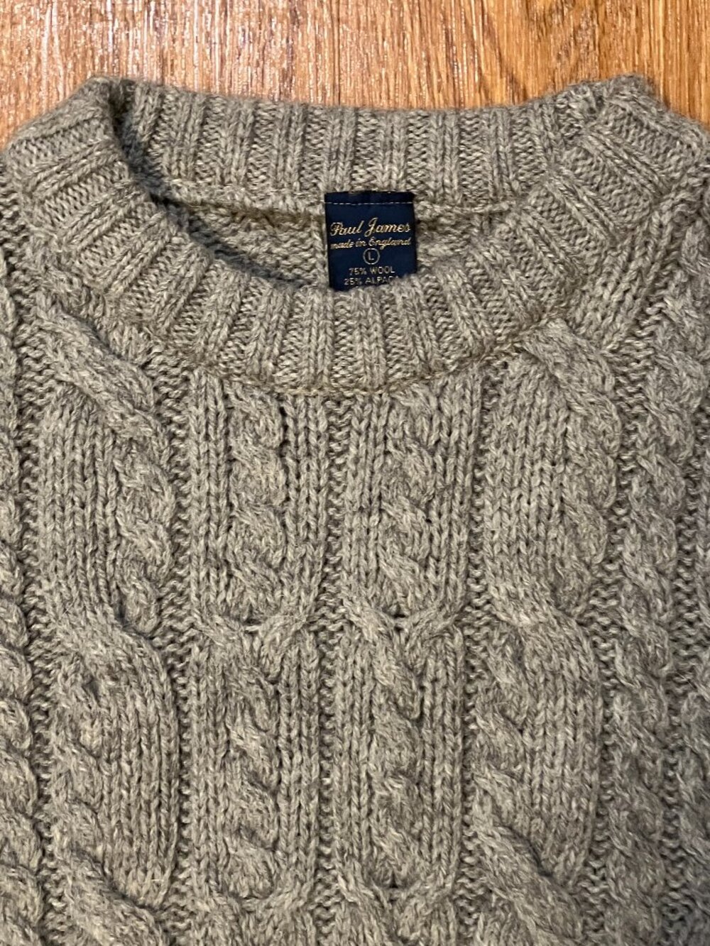 Paul James Wool Alpaca Fisherman Cable Knit Sweater Mens L Gray Made in England - Picture 3 of 7